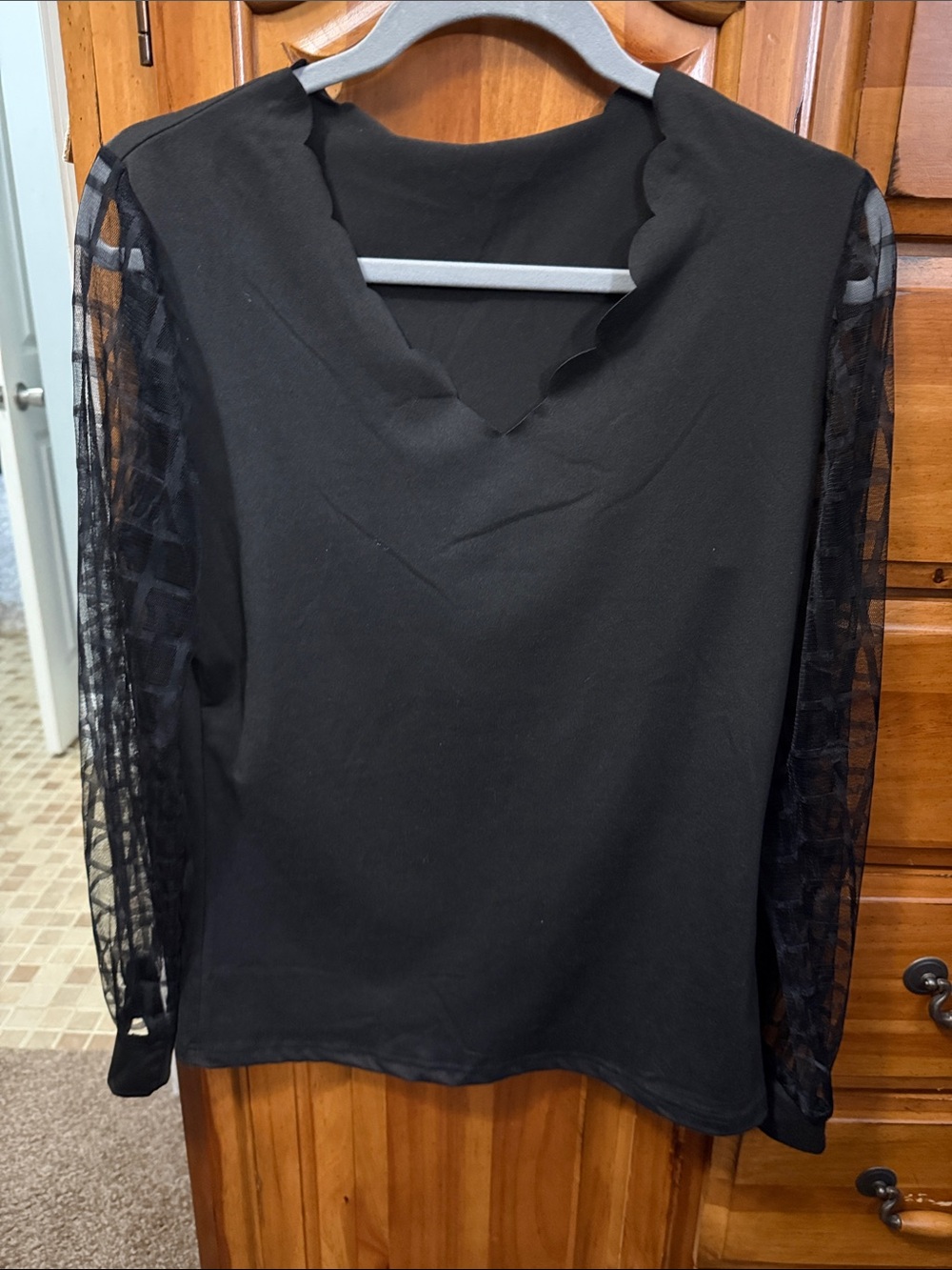 Black Scallop V-Neck Top with Sheer Sleeves - Women